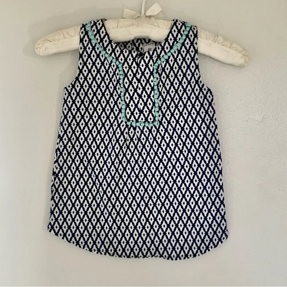 Carter's Toddler Girls Cotton Dress Pom Pom Boho Colorful Print Blue White Sz 4T